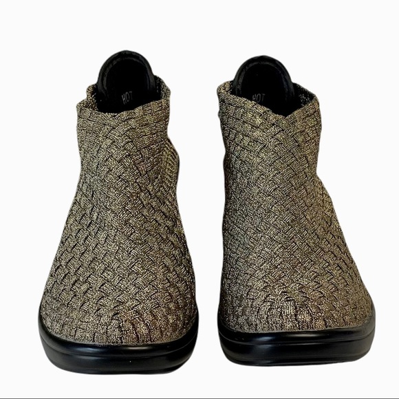 CORKYS Metallic Gold/Bronze & Black Woven Stretch Hot Heels Ankle Booties 8 - Picture 3 of 14